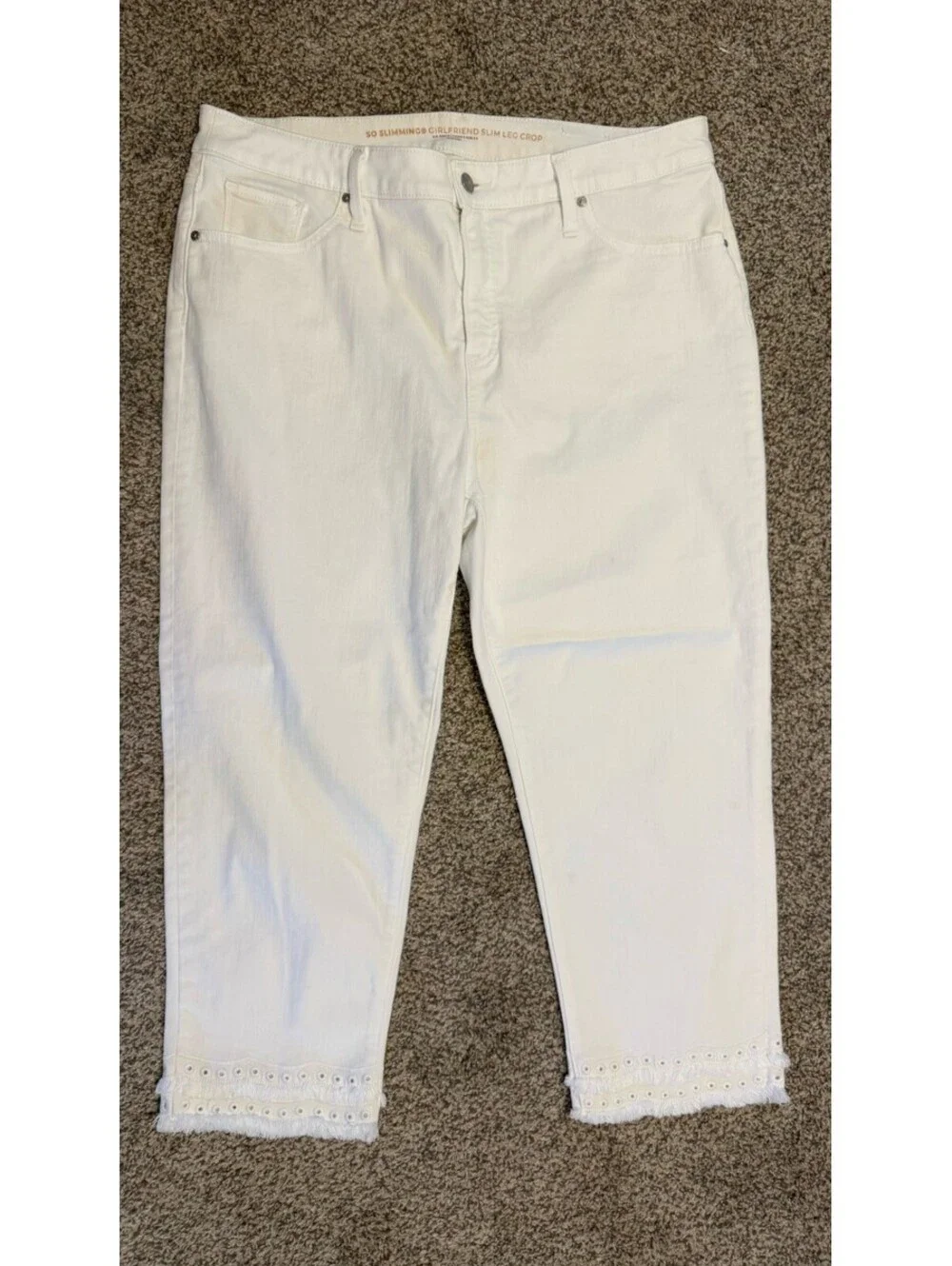 Chicos Girlfriend Slim Leg Crop Womens 14 White Denim Fringed Embroidered Hem